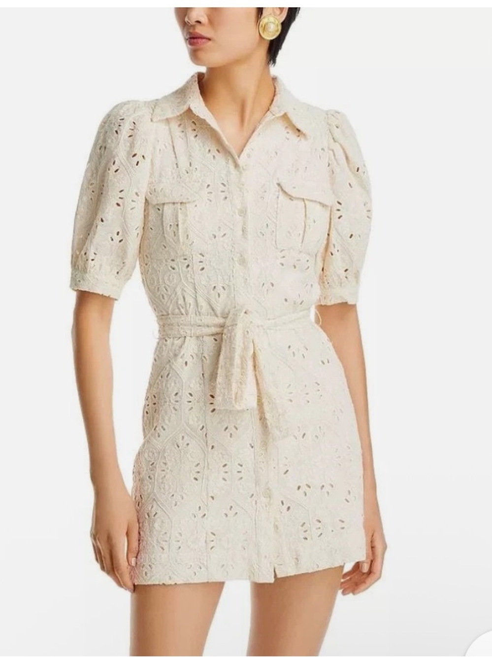 En Saison Cordelia Cotton Eyelet Cream White Belted Button Front Size Small